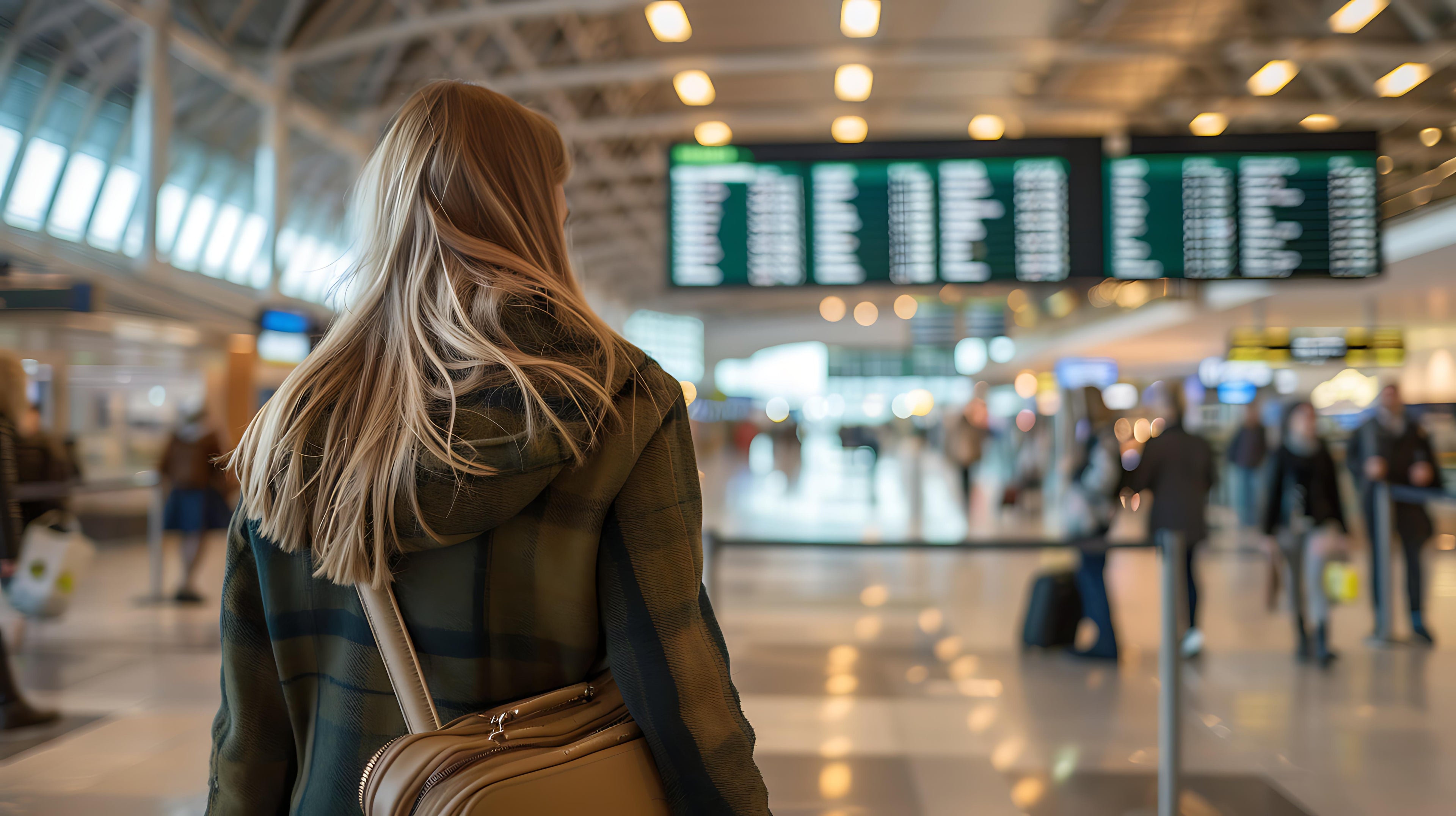 Blonde woman looks at the departure boards in an airport.